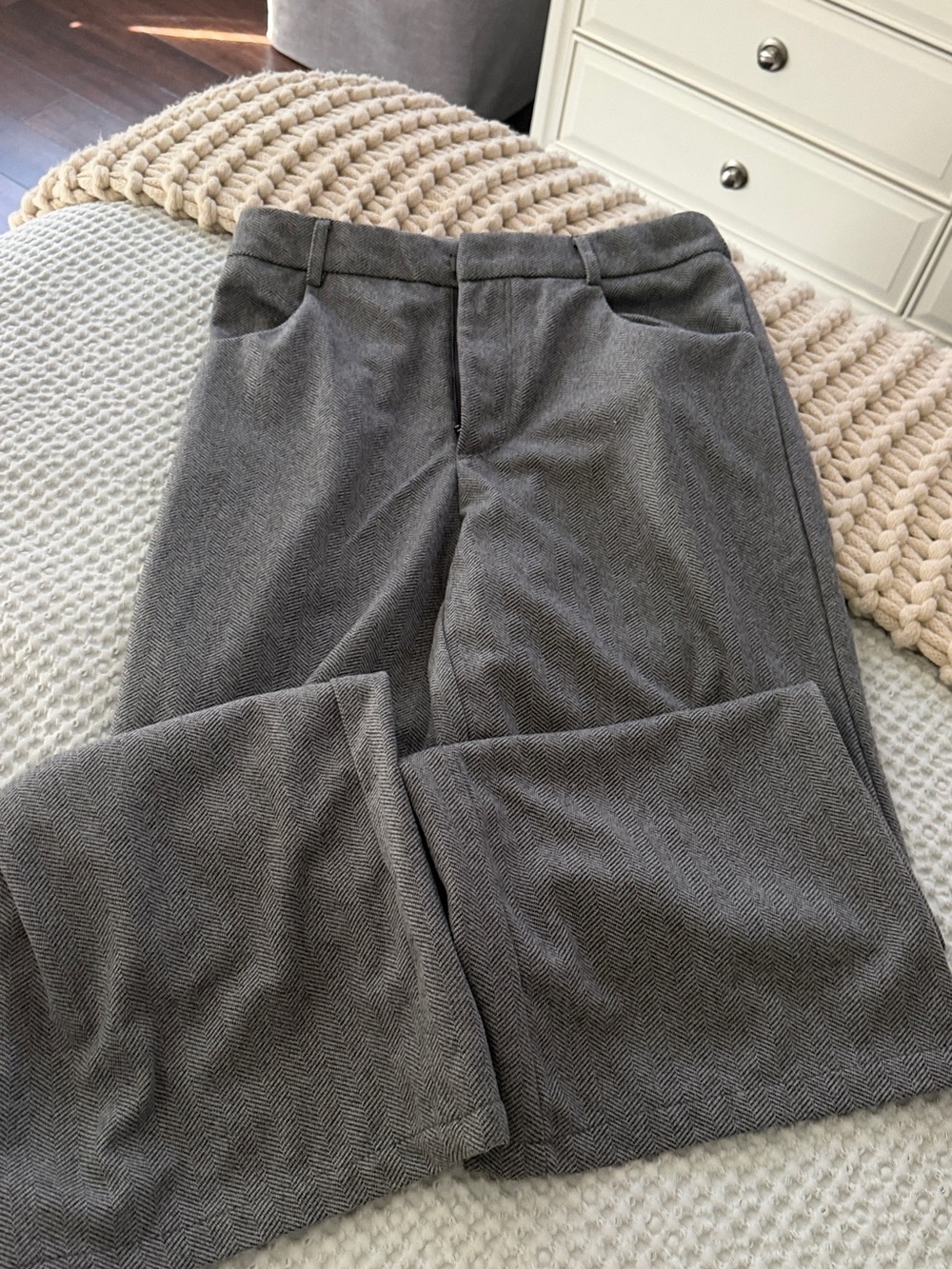 Gray Herringbone Wide-Leg Trousers